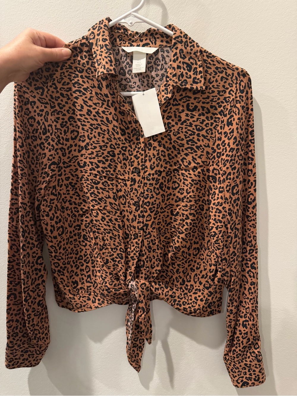 Women’s Tie-Front Leopard Print Blouse - Brown/Black